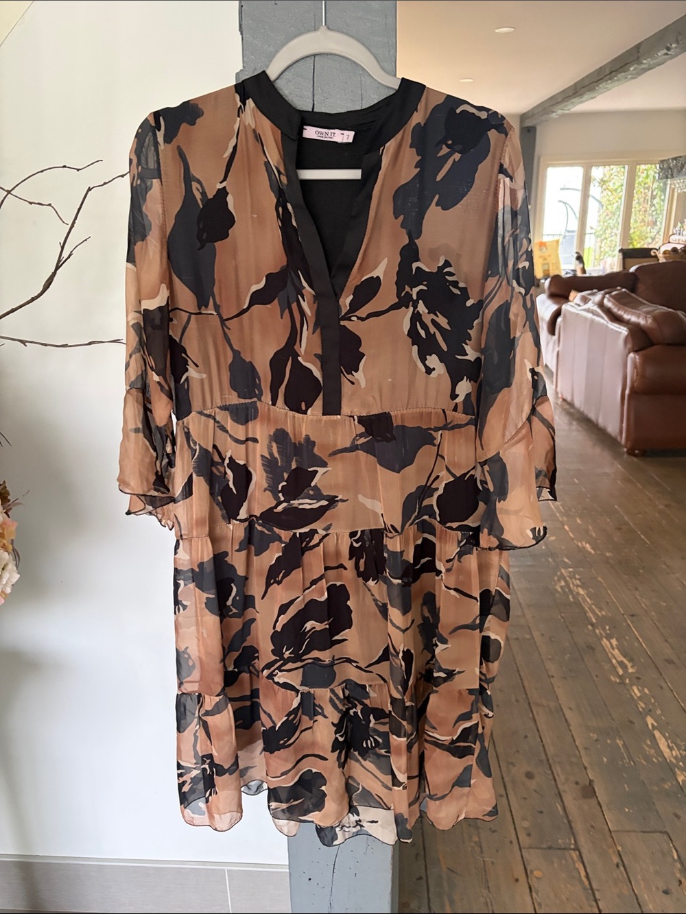 Woven Floral Tiered Dress in Tan and Black - Women BY OWN IT